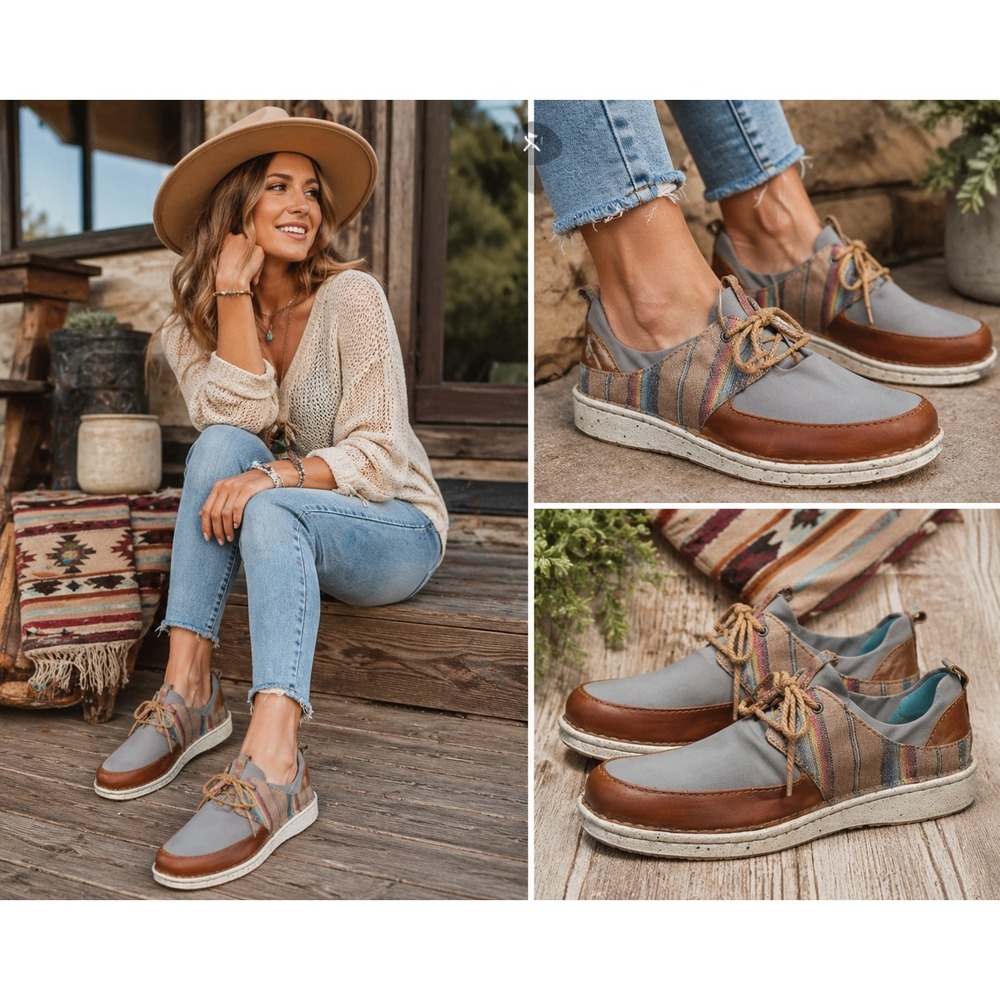 Justin Vista Lace Up Shoes 7.5‎ Leather Serape Western Casual Sneakers